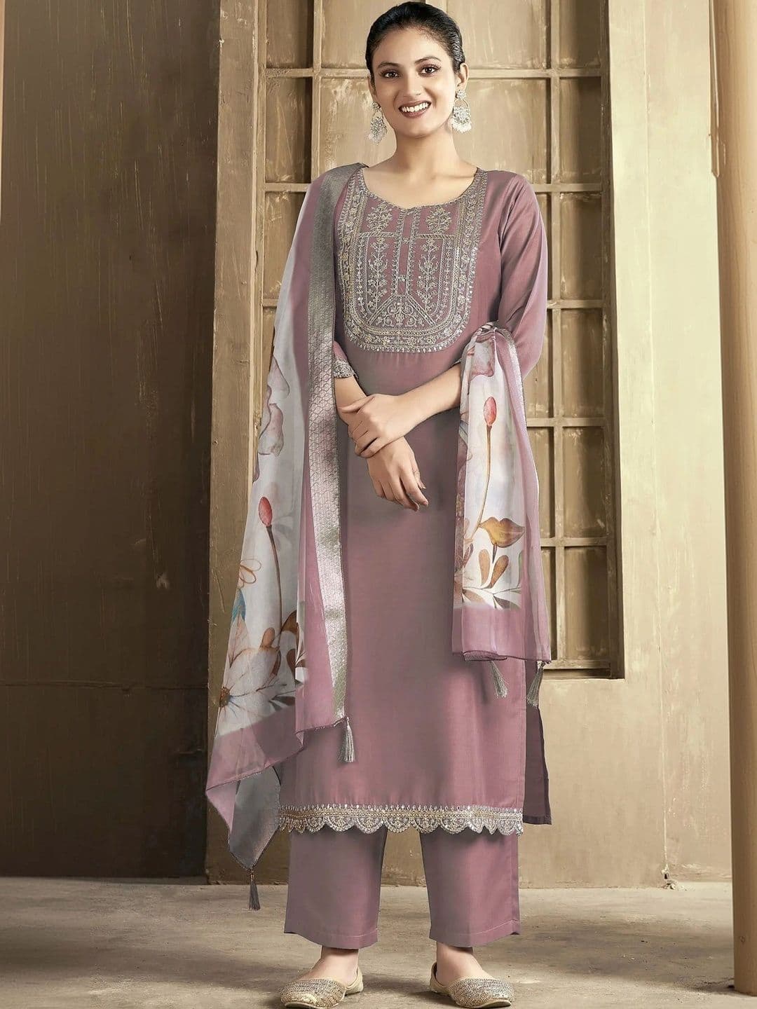 sundaram enterprises Women Floral Embroidered Regular Sequinned Kurta with Trousers & With Dupatta - view 1