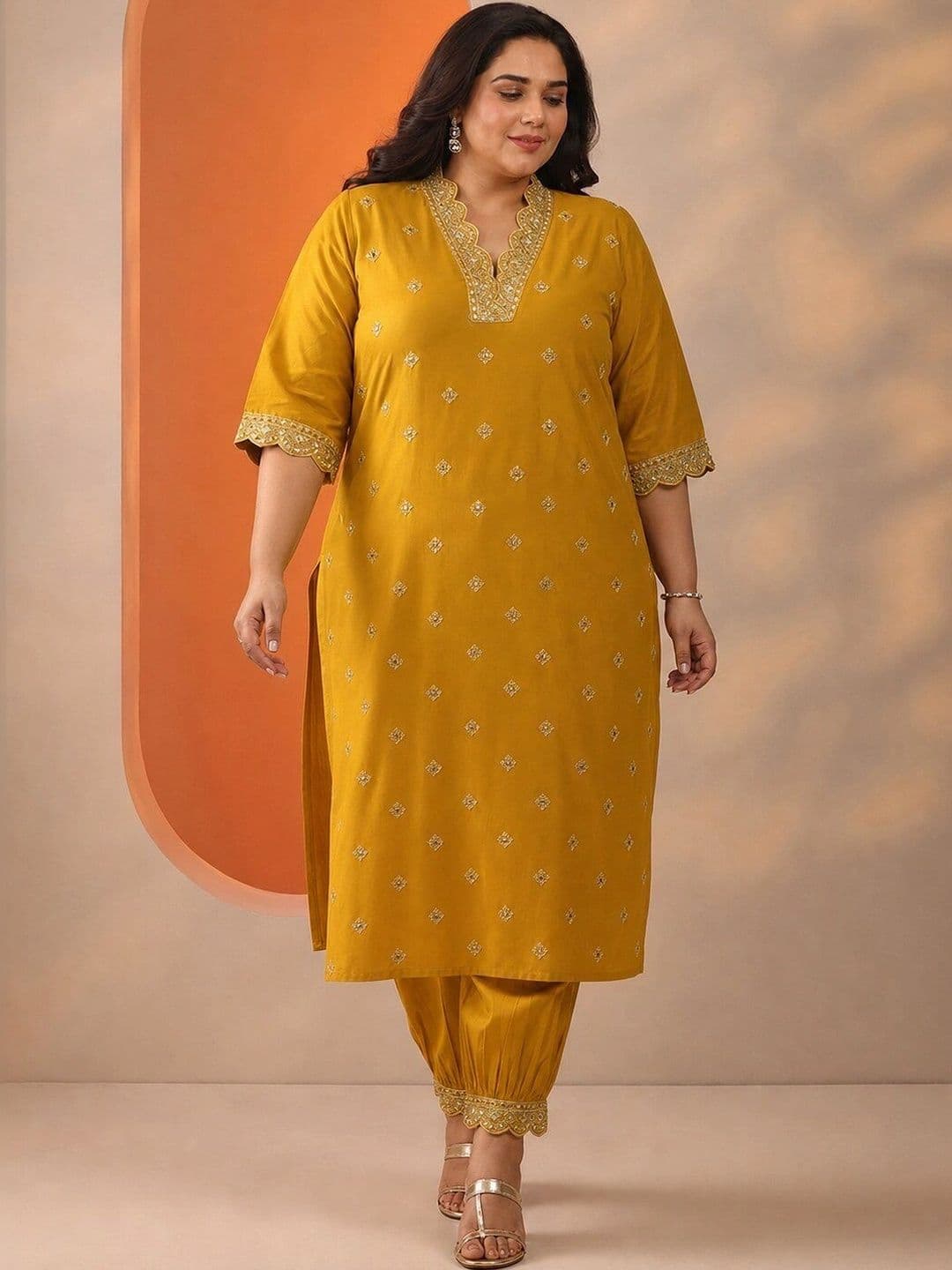 EXTRA LOVE BY LIBAS Plus Size Mustard Embroidered Silk Blend Straight Kurta Set - view 1