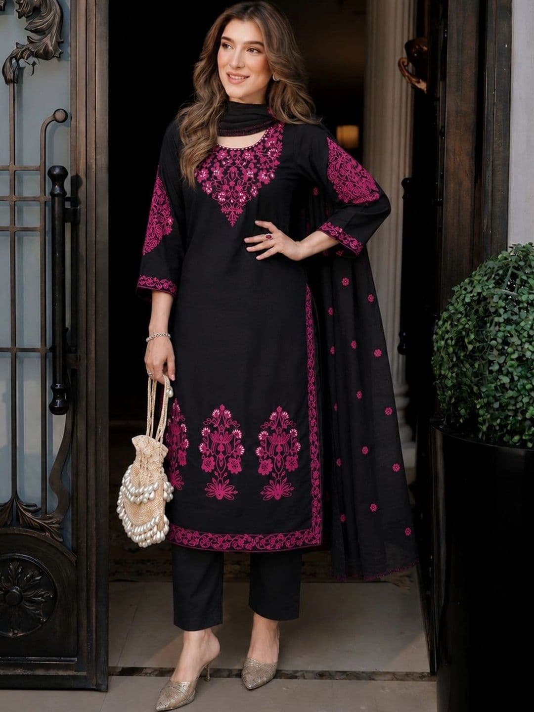Sangria Women Ethnic Motifs Embroidered Regular Thread Work Kurta with Trousers & With Dupatta - view 1