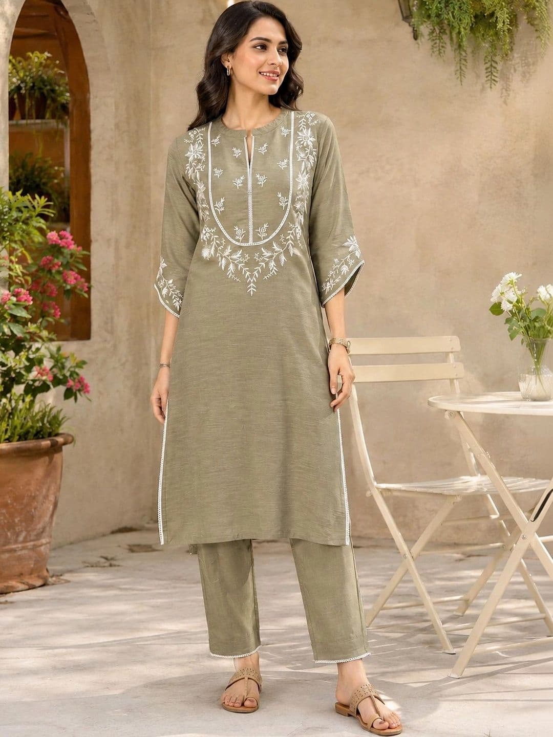 Nayam By Lakshita Women Ethnic Motifs Embroidered Regular Thread Work Pure Cotton Kurta with Trousers - view 1