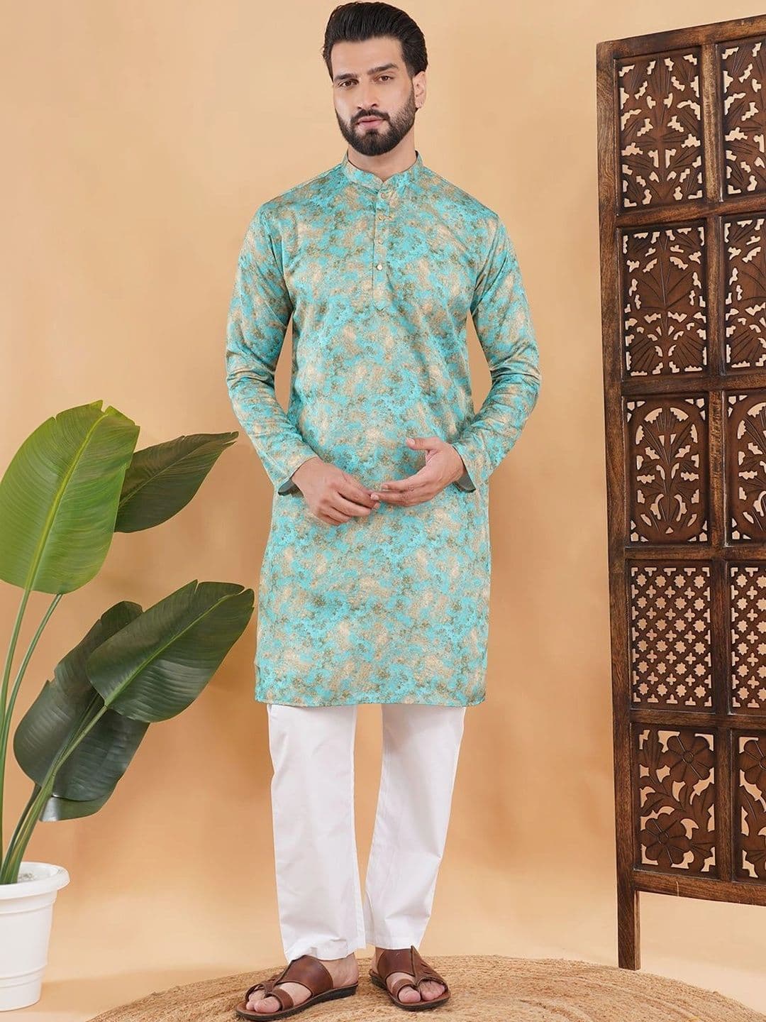 ADHIRAJAN Men Ethnic Motifs Printed Satin Blend Kurta - view 1