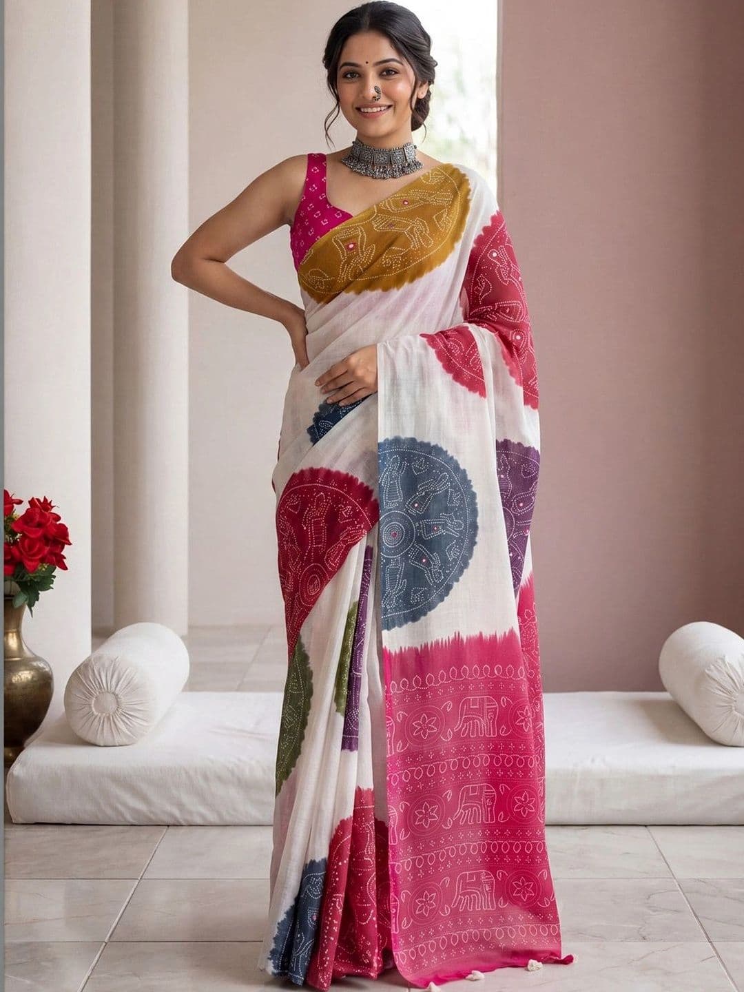 Anouk Rustic Bandhani Mirror Work Linen Blend Designer Bandhani Saree - view 1