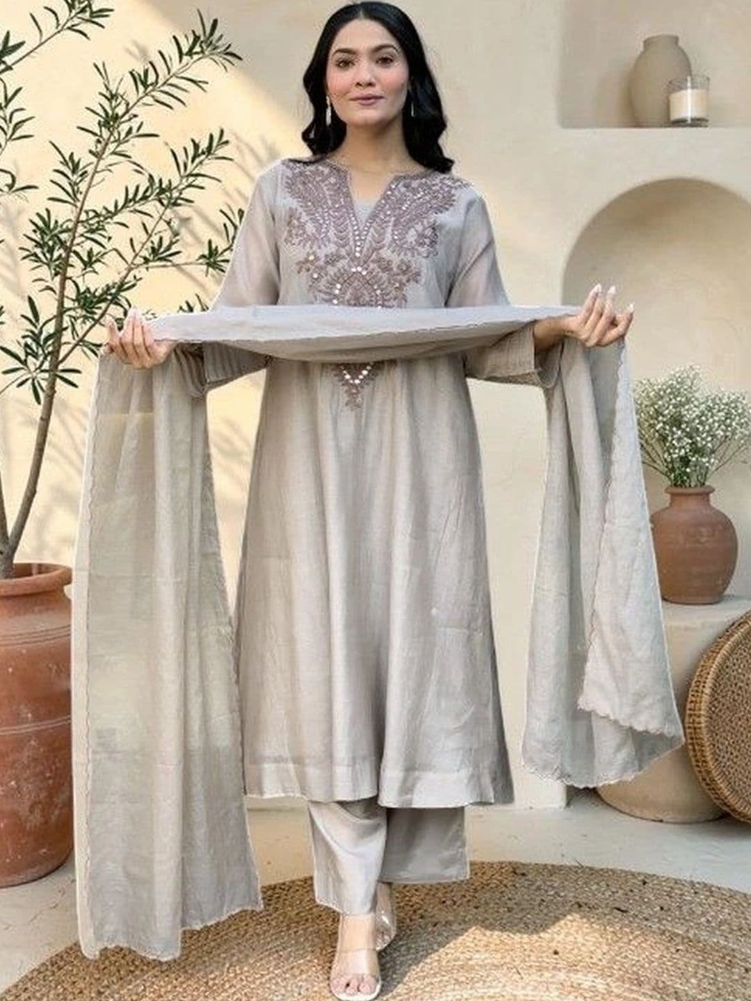 Sangria Women Ethnic Motifs Embroidered Regular Mirror Work Pure Cotton Kurta with Trousers & With Dupatta - view 1