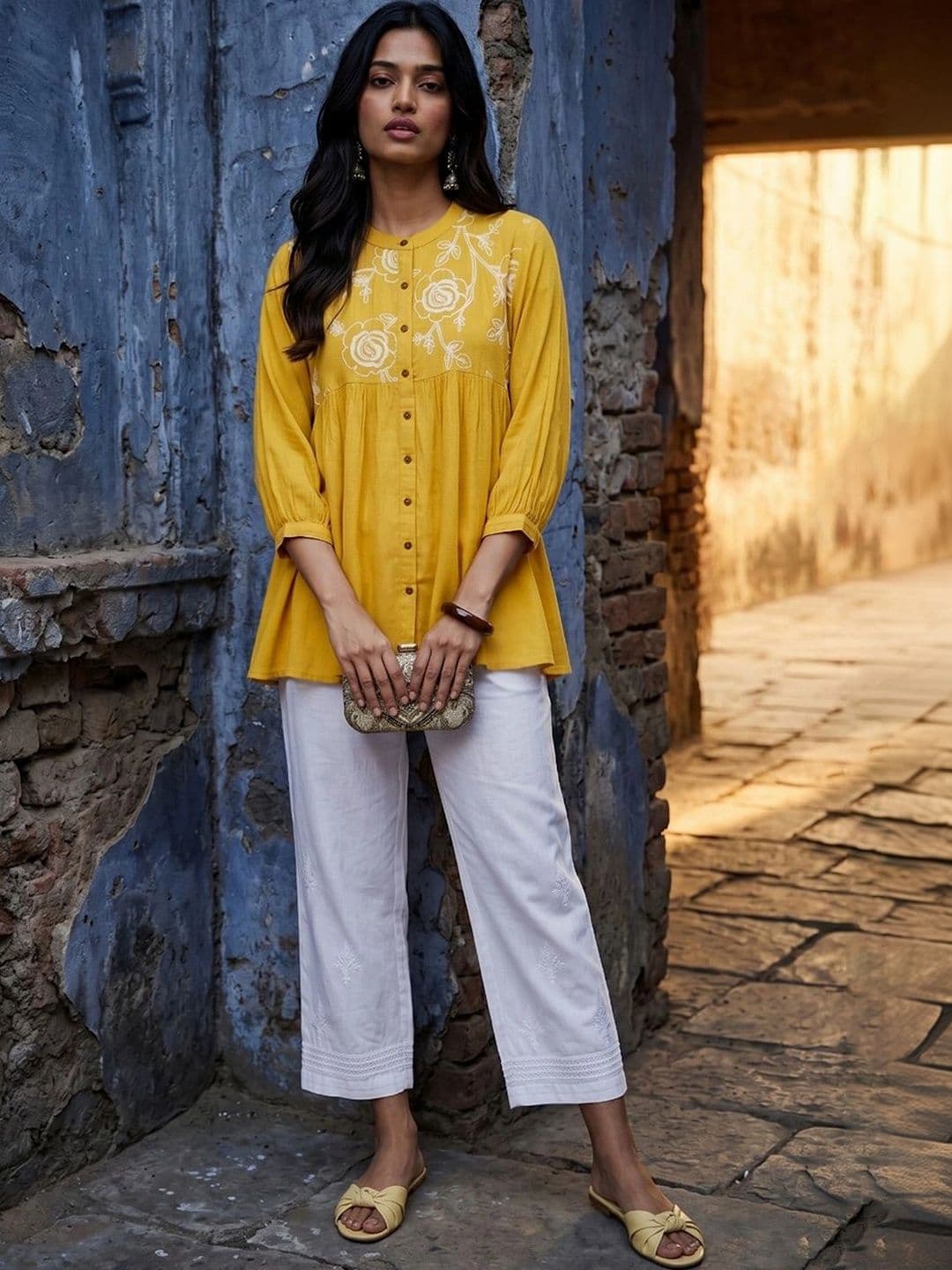 Melange by Lifestyle Viscose Rayon Mandarin Collar Embroidered Tunic - view 1