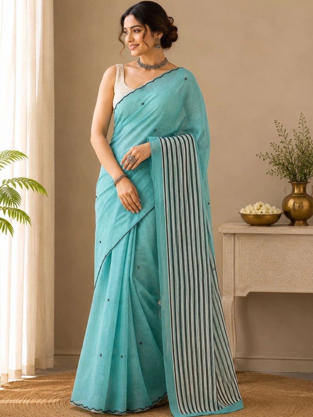 Nehaa Elegance Striped Mirror Work Linen Blend Saree - view 1