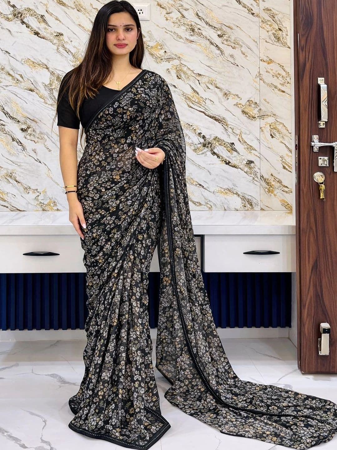 TELIRAJ FASHIONS Floral Pure Georgette Designer Block Print Saree - view 1