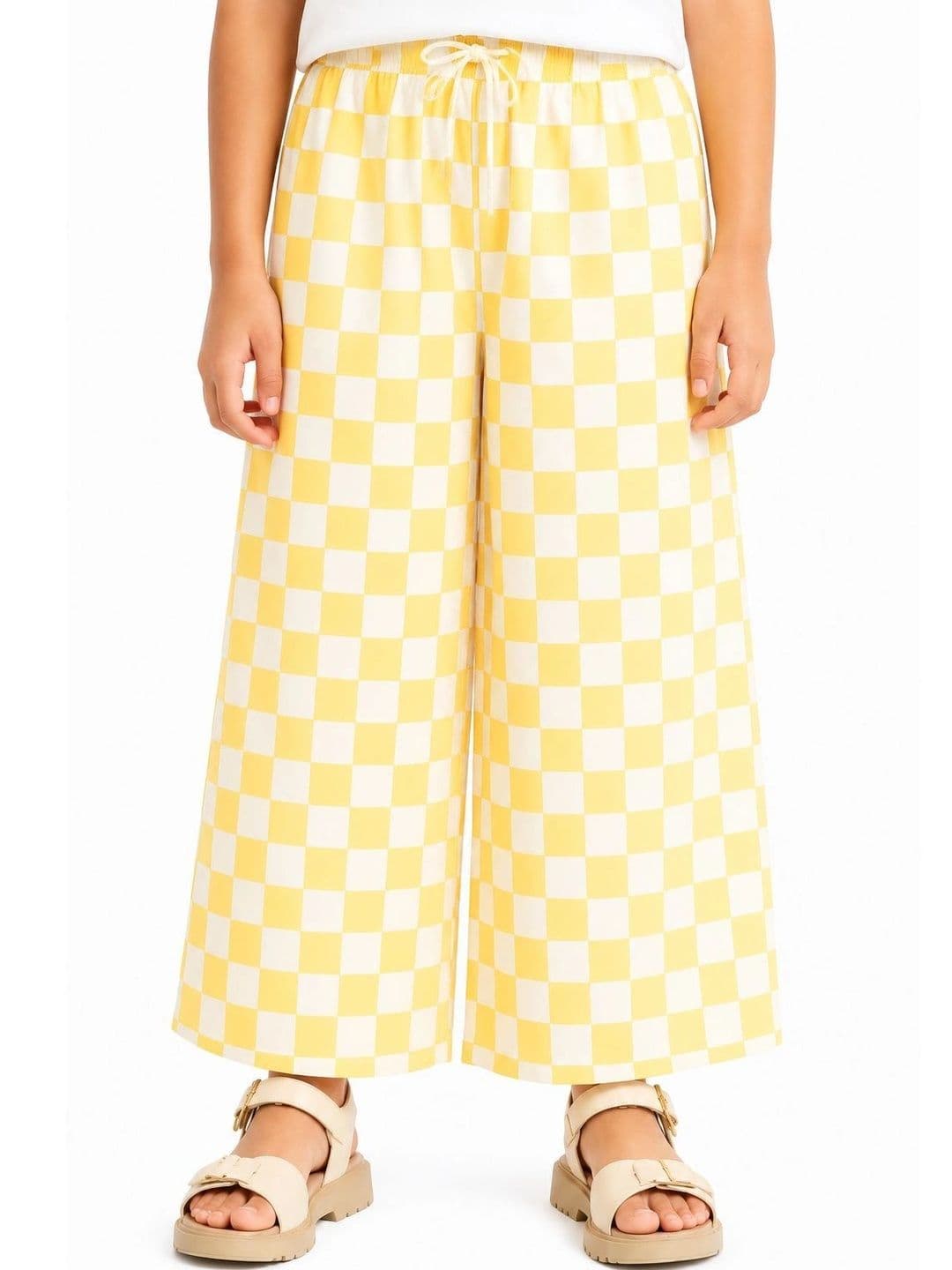 CHILINS Girls Yellow & White Checkered Wide Leg Palazzo Pants - view 1