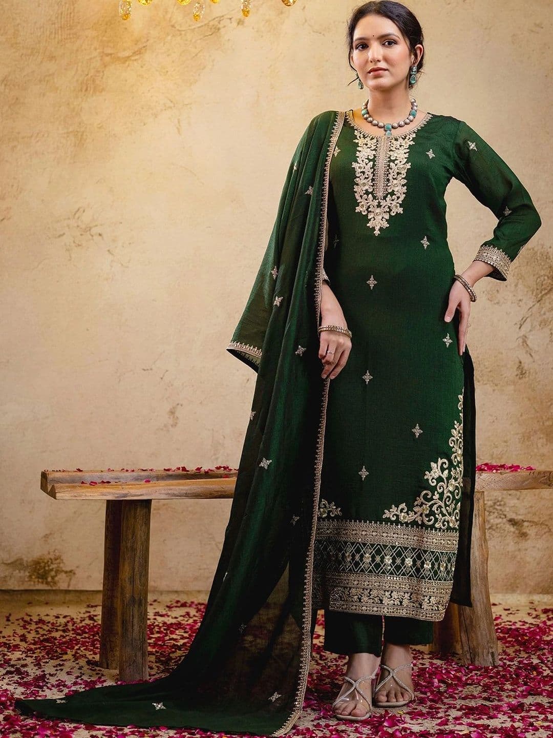 SANISA Women Ethnic Motifs Embroidered Regular Thread Work Pure Silk Kurta with Trousers & With Dupatta - view 1