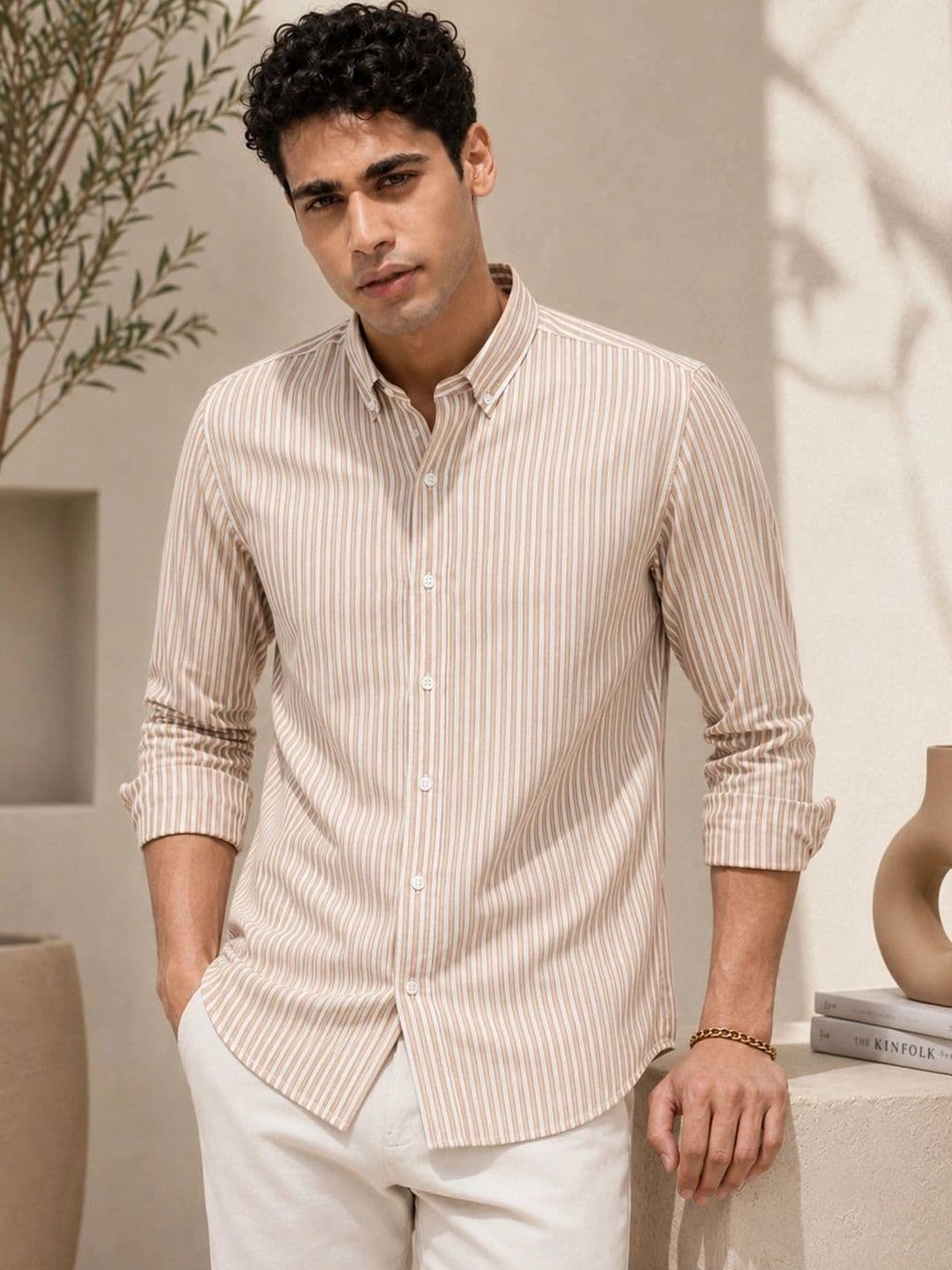 AGNIVAR COLLECTION Men Striped Slim Fit Cotton Shirt with Button-Down Collar - view 1