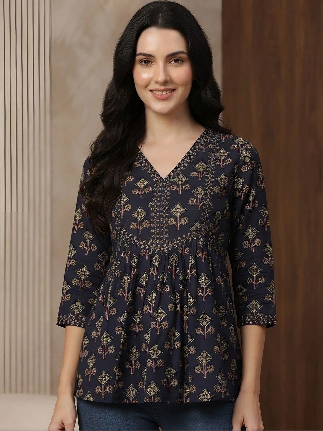 Nayo Ethnic Motifs Printed V-Neck Pure Cotton Blend Empire Kurti - view 1