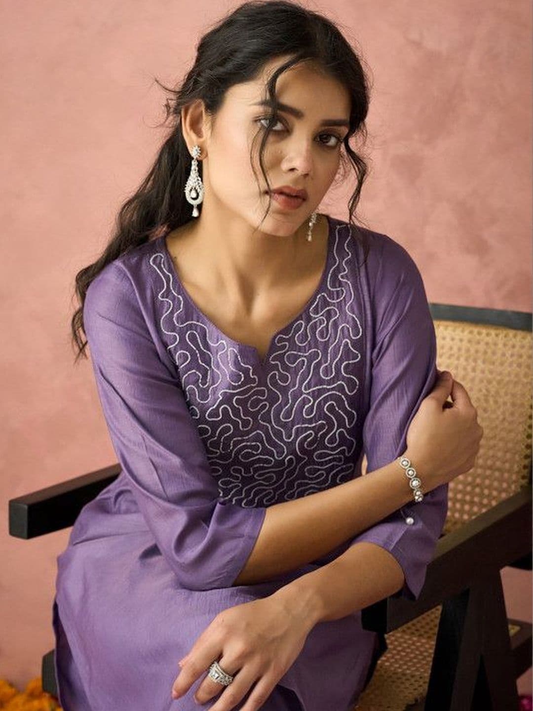 KHUHA Women Ethnic Motifs Embroidered Regular Thread Work Pure Cotton Kurta with Trousers - view 1