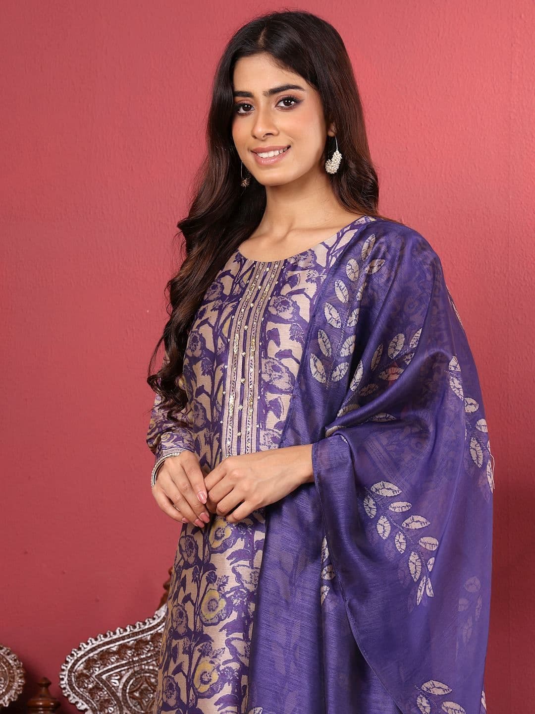 Varanga Purple Floral Printed Beads and Stones Chanderi Silk Kurta with Trousers & Dupatta - view 1
