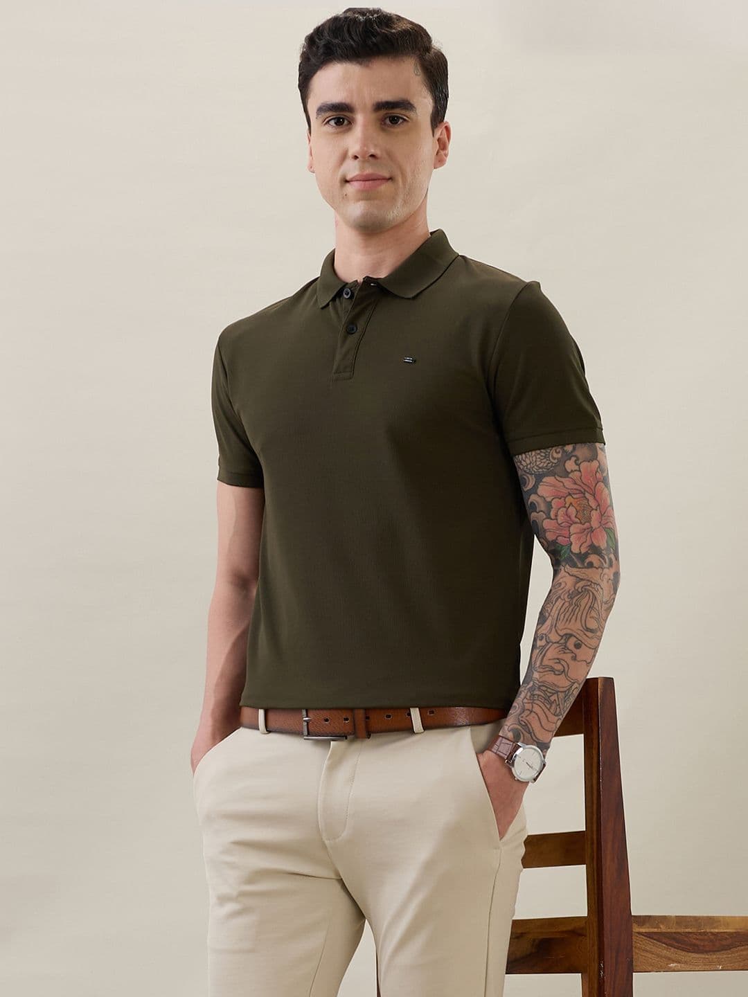 Nostrum Cherry Half Sleeve Olive Plain Polo T-shirt - view 1