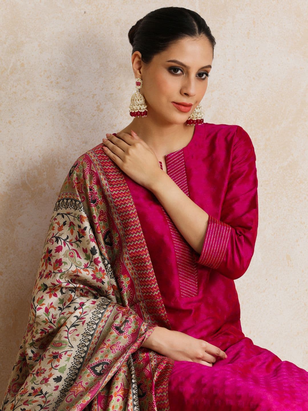 Varanga Women Pink Zari Work textured Kurta with Trouser and Printed Dupatta - view 1