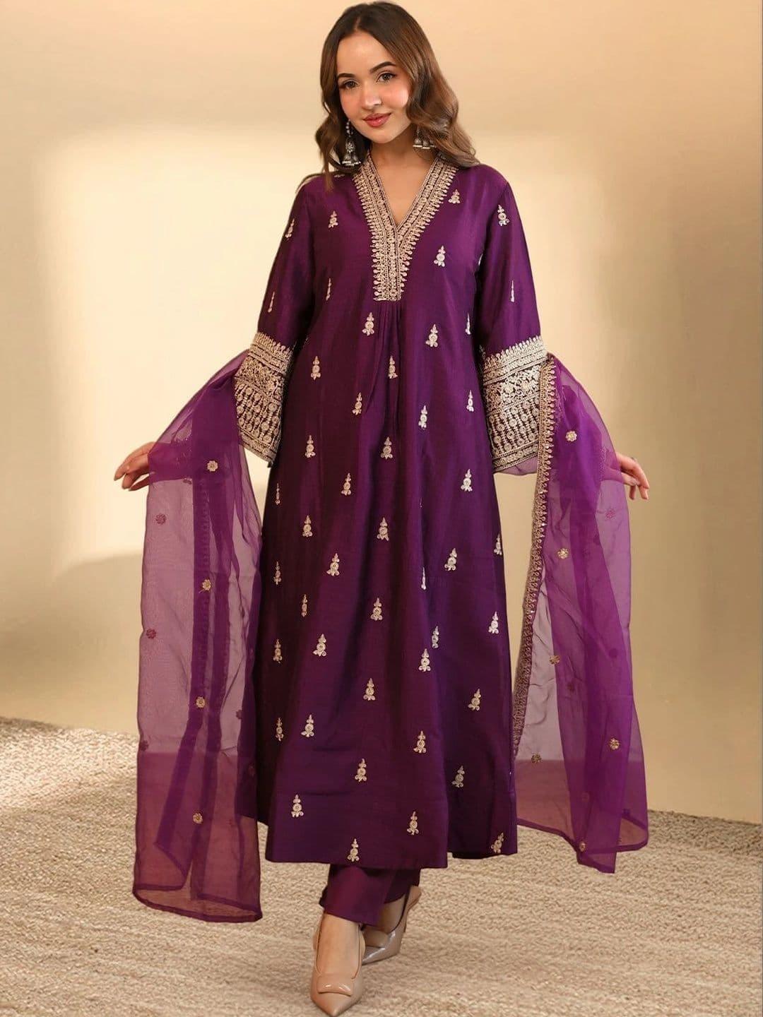Libas Women Ethnic Motifs Embroidered Pleated Kurta with Trousers & With Dupatta - view 1