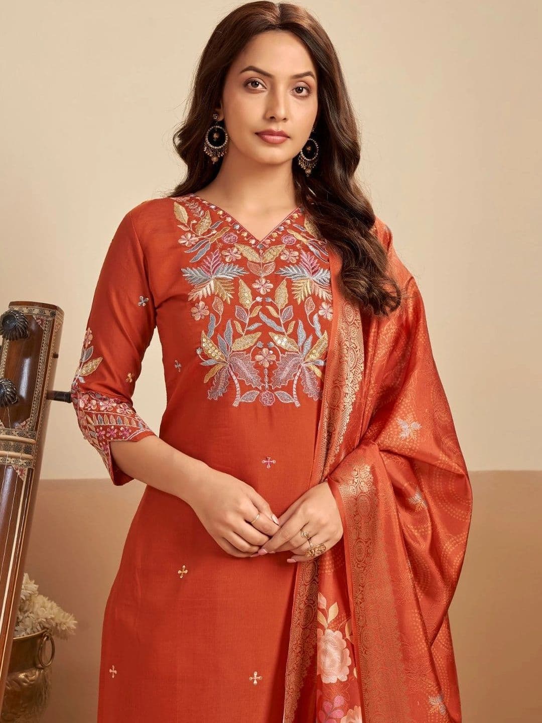 PAUSE Floral Embroidered Sequinned Kurta With Trousers & Dupatta - view 1