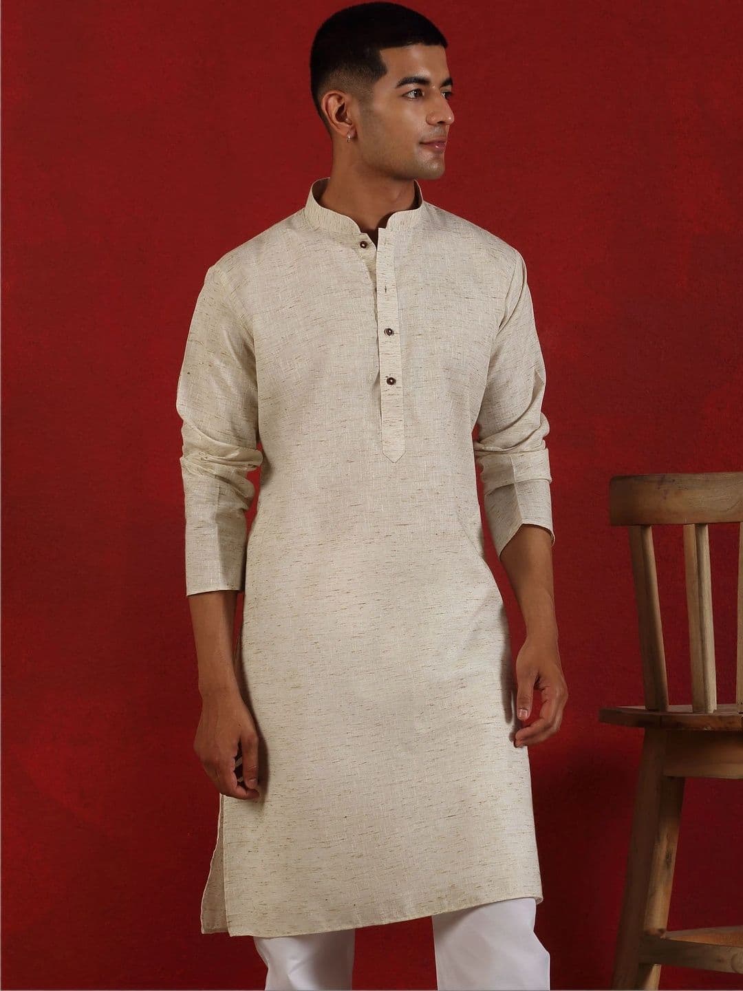 KRAFT INDIA Khadi Cotton Solid Knee Length Off White Kurta - view 1