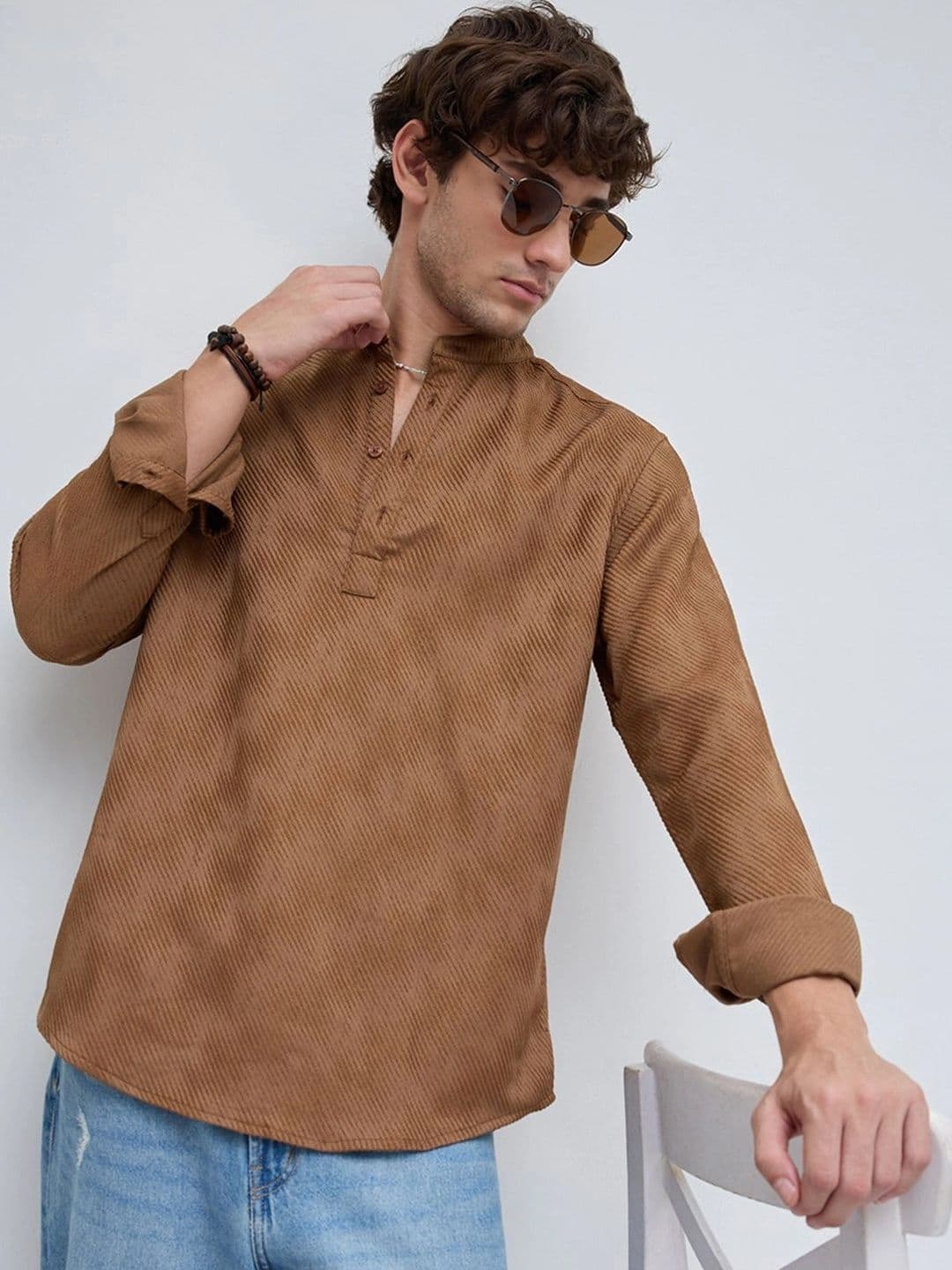VASTRADO Desert Dune Diagonal Twill Textured Statement Kurta - view 1