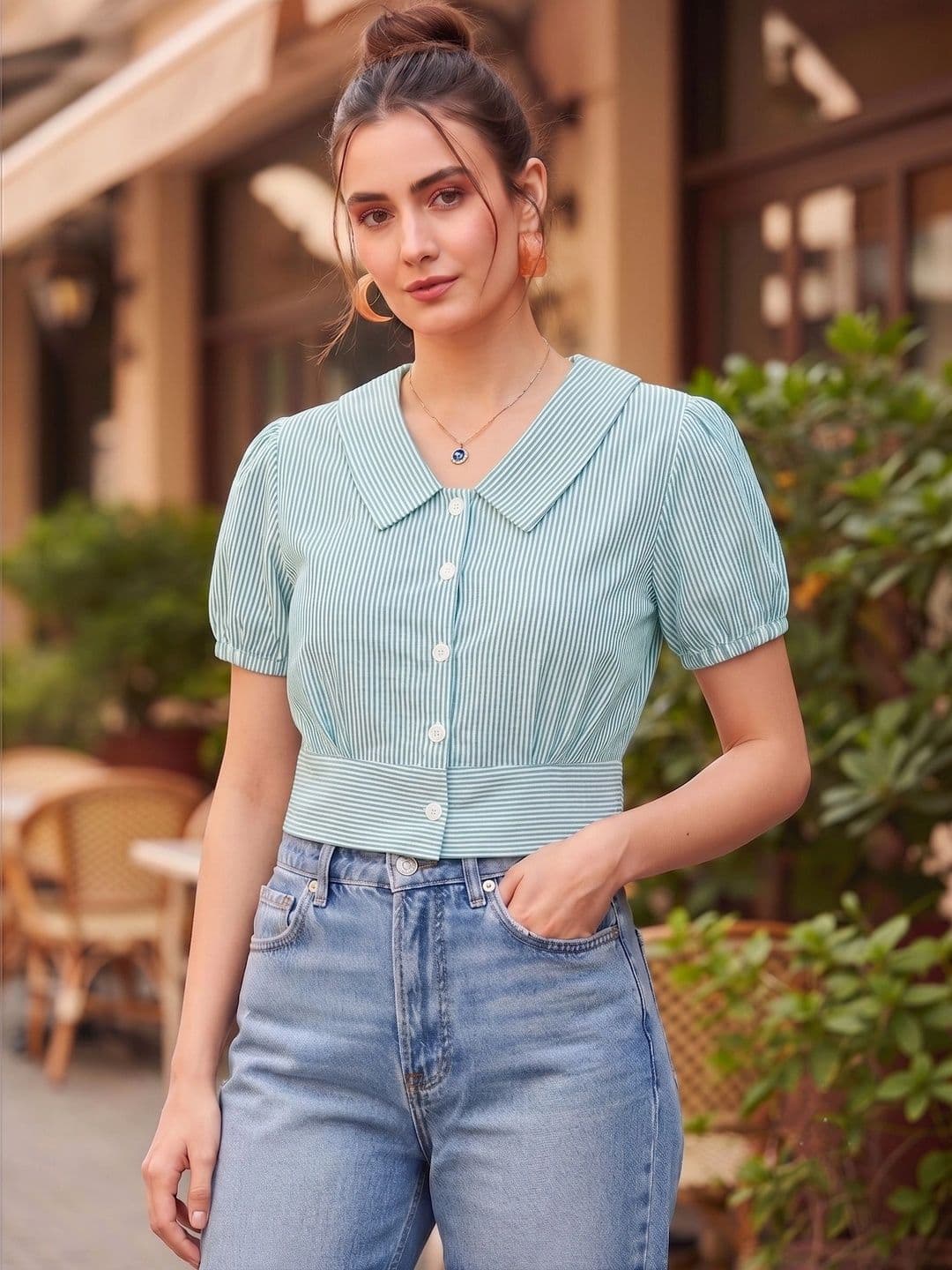 CLOMAX Striped Peter Pan Collar Puff Sleeve Cotton Blend Crop Top - view 1