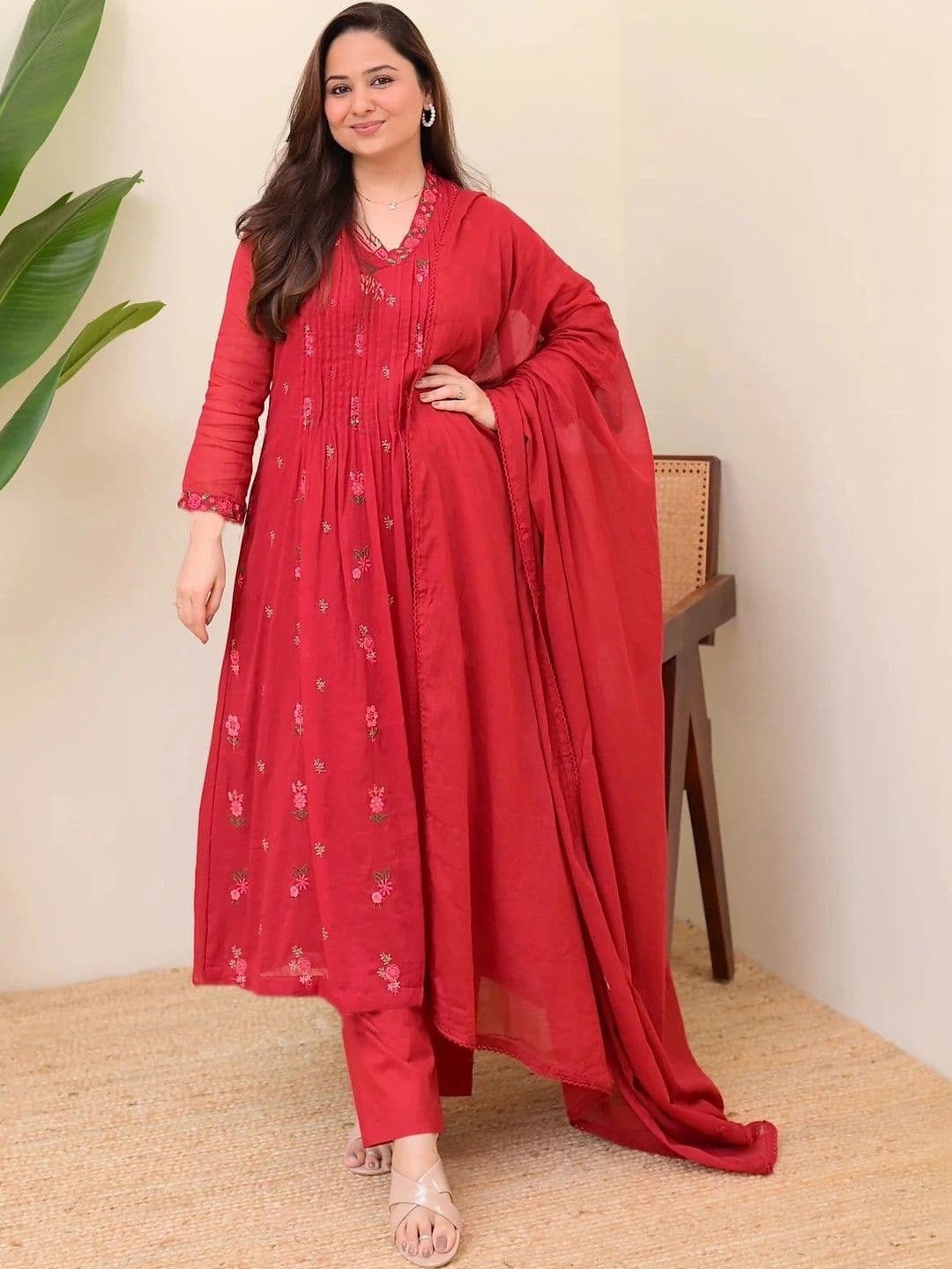 Keitra Women Floral Embroidered Pleated Thread Work Kurta with Trousers & With Dupatta - view 1