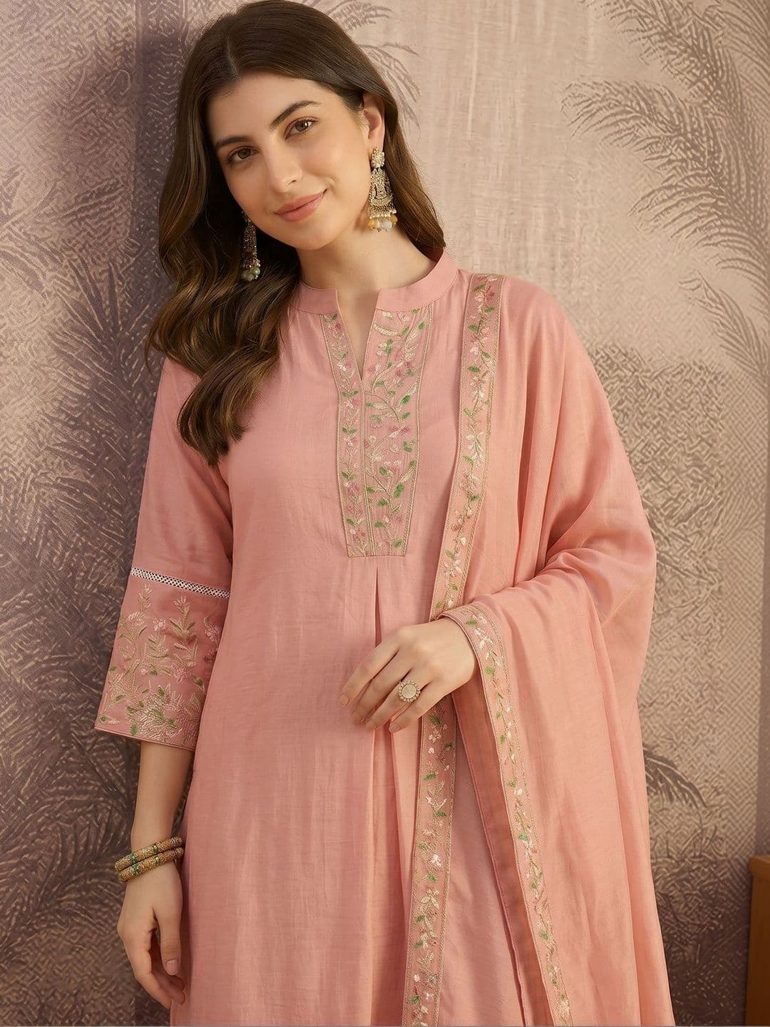 SOURAGYA Women Floral Embroidered Regular Thread Work Kurta with Trousers & With Dupatta - view 1