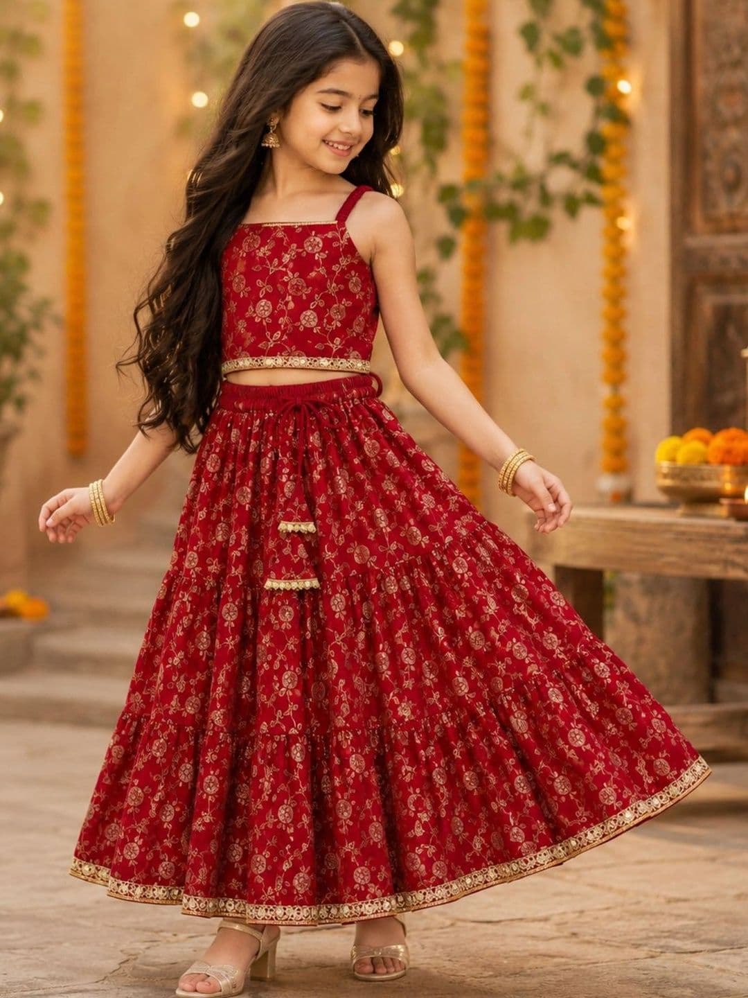 The Magic Wand Girls Printed Foil Print Ready to Wear Lehenga & - view 1