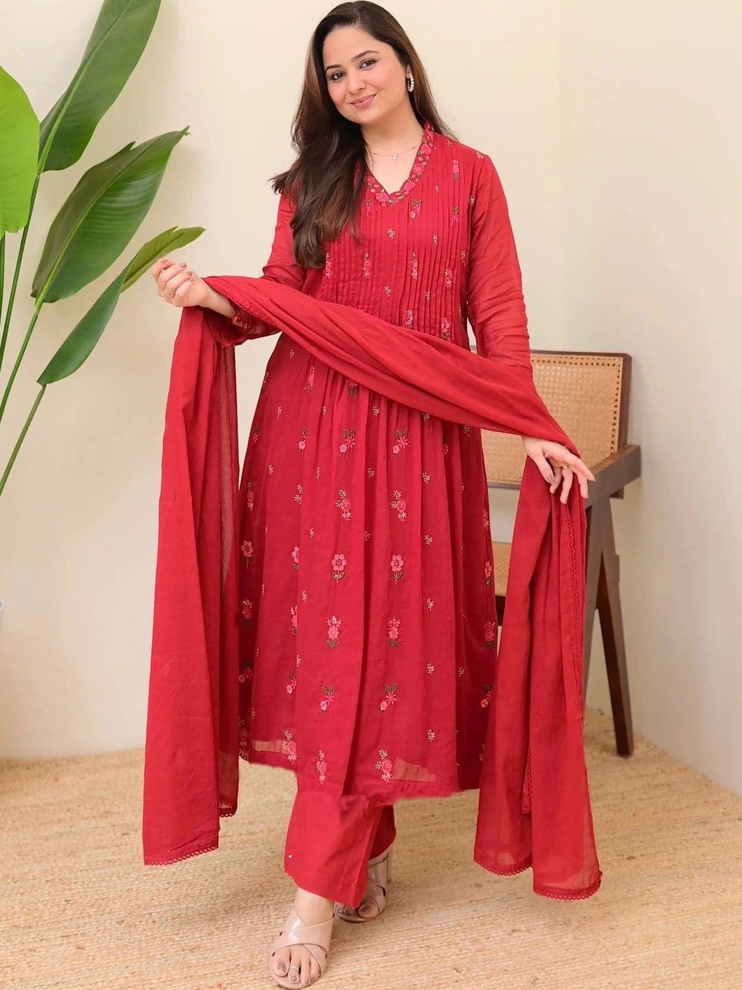 KALINI Women Floral Embroidered Regular Thread Work Kurta with Trousers & With Dupatta - view 1