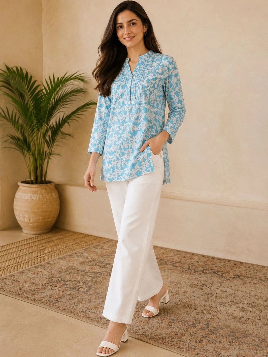 Anouk Sky Blue & White Floral Print Cotton Straight Kurti - view 1