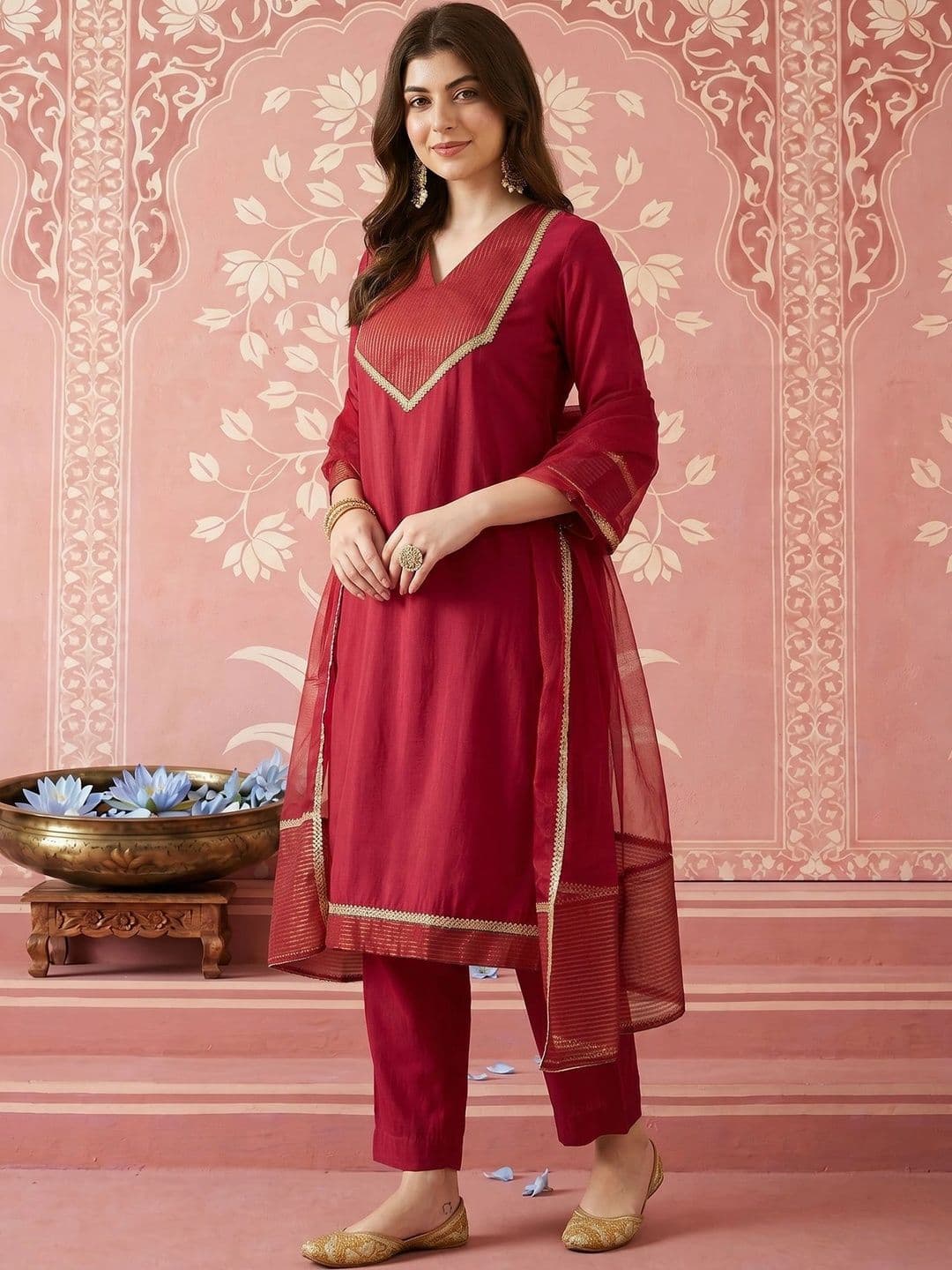 NAVYAAZRI Women Striped Regular Gotta Patti Kurta with Trousers & With Dupatta - view 1