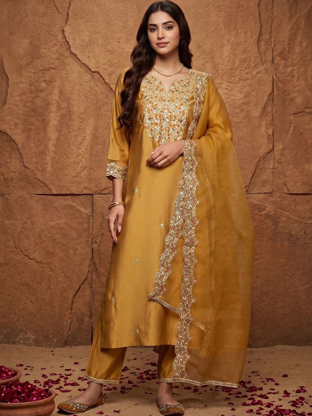 House of Pataudi Women Floral Embroidered Regular Thread Work Kurta with Trousers & With Dupatta - view 1