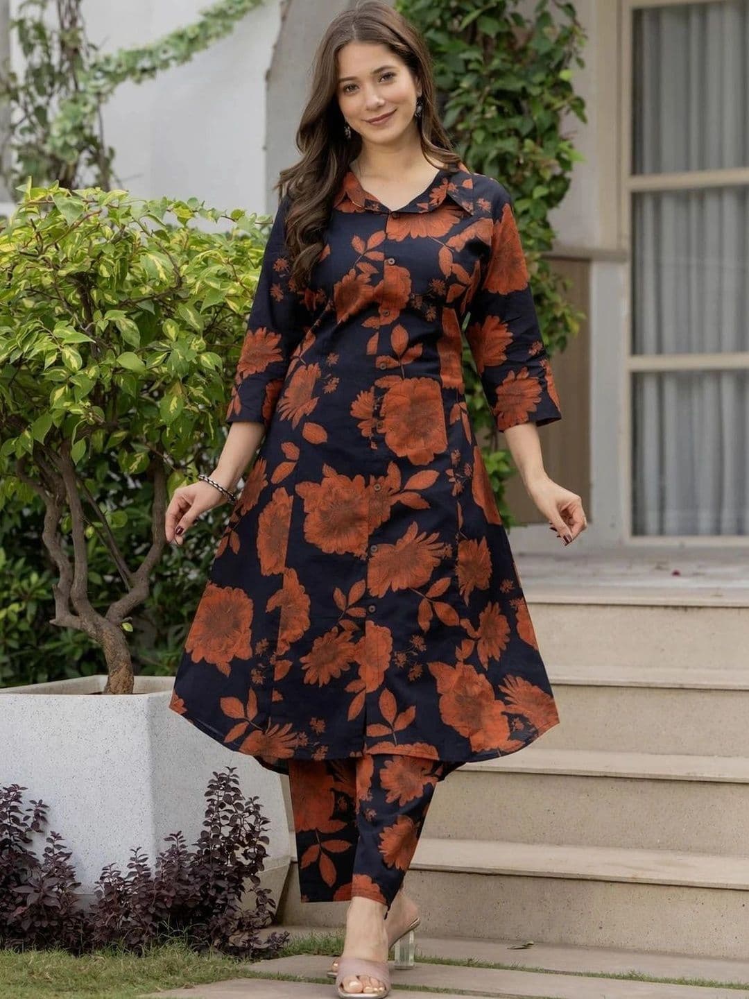 HERE&NOW Women Floral Printed Regular Pure Cotton Kurta with Trousers - view 1