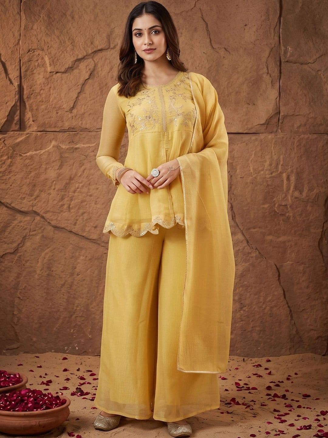 House of Pataudi Women Ethnic Motifs Embroidered Regular Silk Chiffon Kurta with Palazzos & With Dupatta - view 1