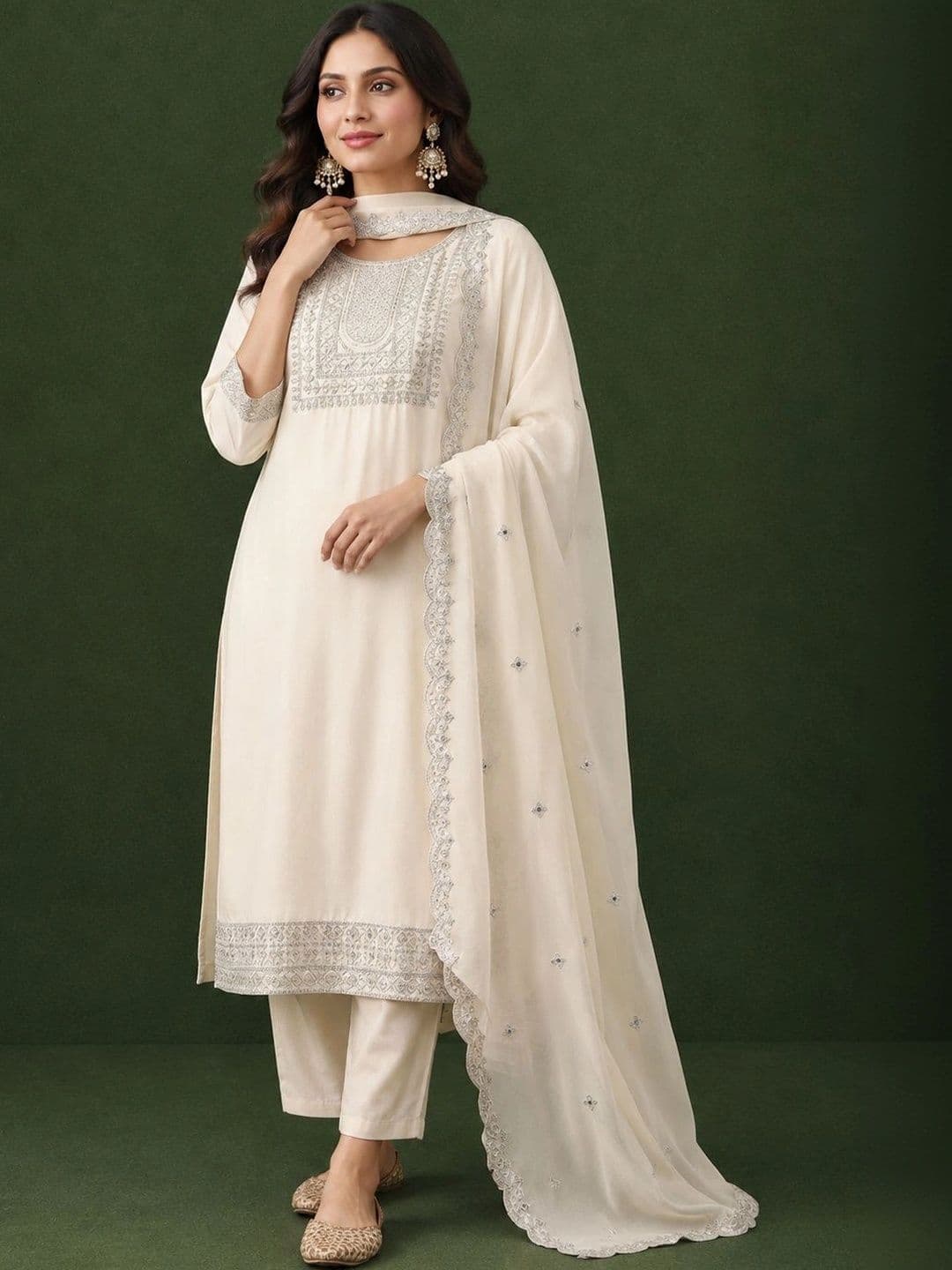 MITUDAY Women Ethnic Motifs Embroidered Regular Thread Work Pure Cotton Kurta with Trousers & With Dupatta - view 1