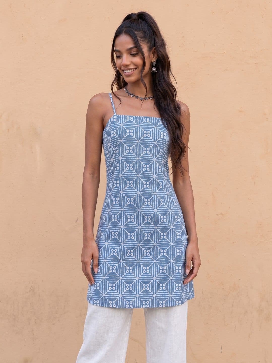 fusion by glitchez Geometric Printed Shoulder Straps Pure Cotton Kurti - view 1