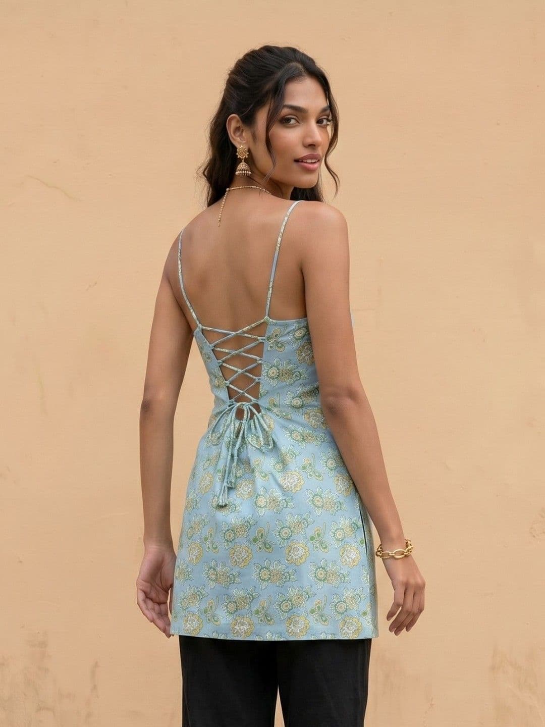 fusion by glitchez Floral Printed Shoulder Straps Pure Cotton Kurti With Tie-Ups - view 1