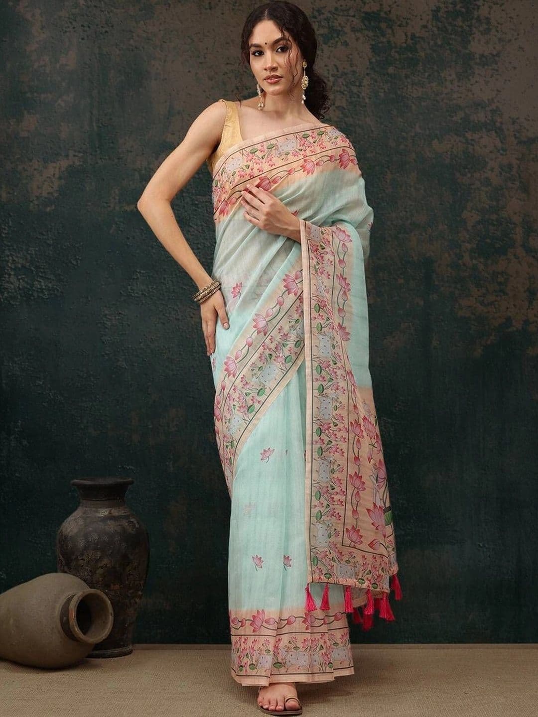 alkaa fashion Floral Linen Blend Saree - view 1