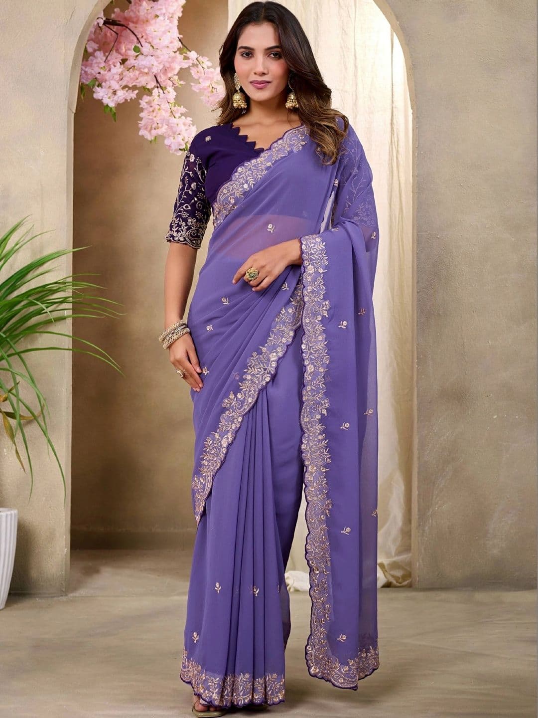 K 5 Fashion Ethnic Motifs Embroidered Pure Georgette Fusion Ikat Saree - view 1