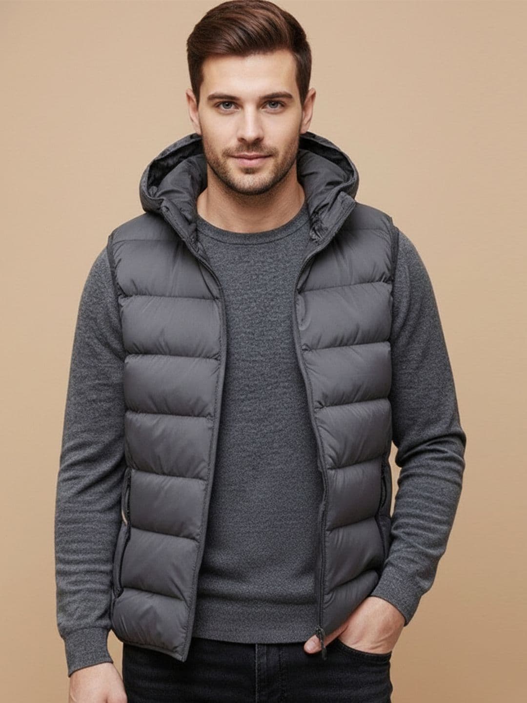 Mast & Harbour Men Hooded Solid Gilet Jacket - view 1