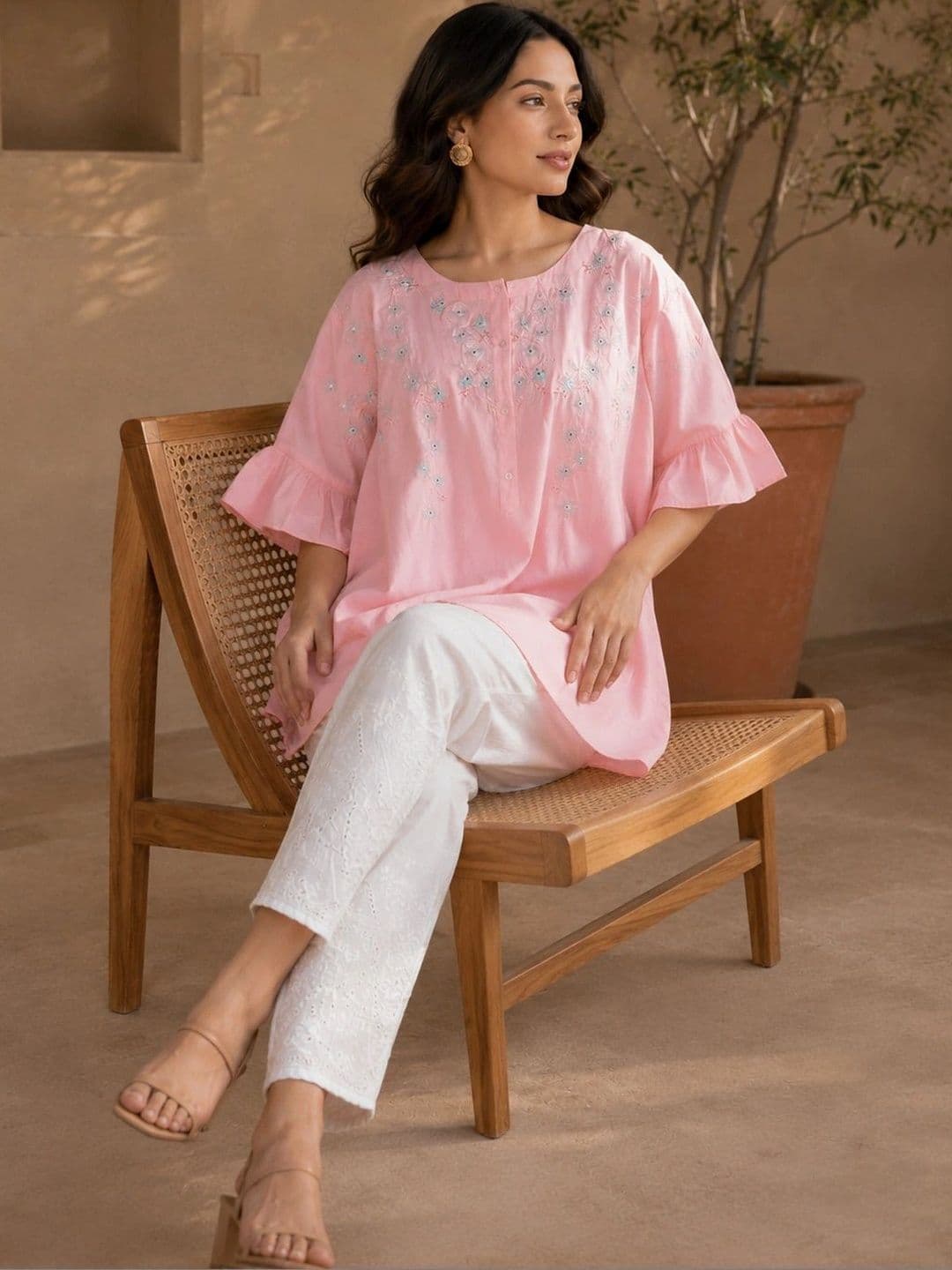 Anouk Women Floral Embroidered Flared Sleeves Thread Work Pastels Georgette Blend Kurta - view 1