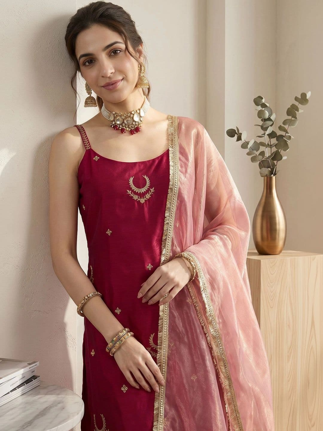 SOURAGYA Women Ethnic Motifs Embroidered Regular Kurta with Trousers & With Dupatta - view 1