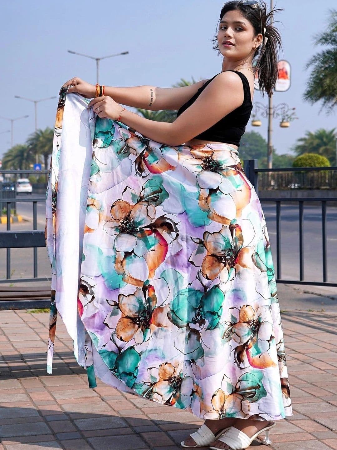 Moda Rapido Women Cotton Cambric Floral Front Slit Maxi Wrap Skirt - view 1