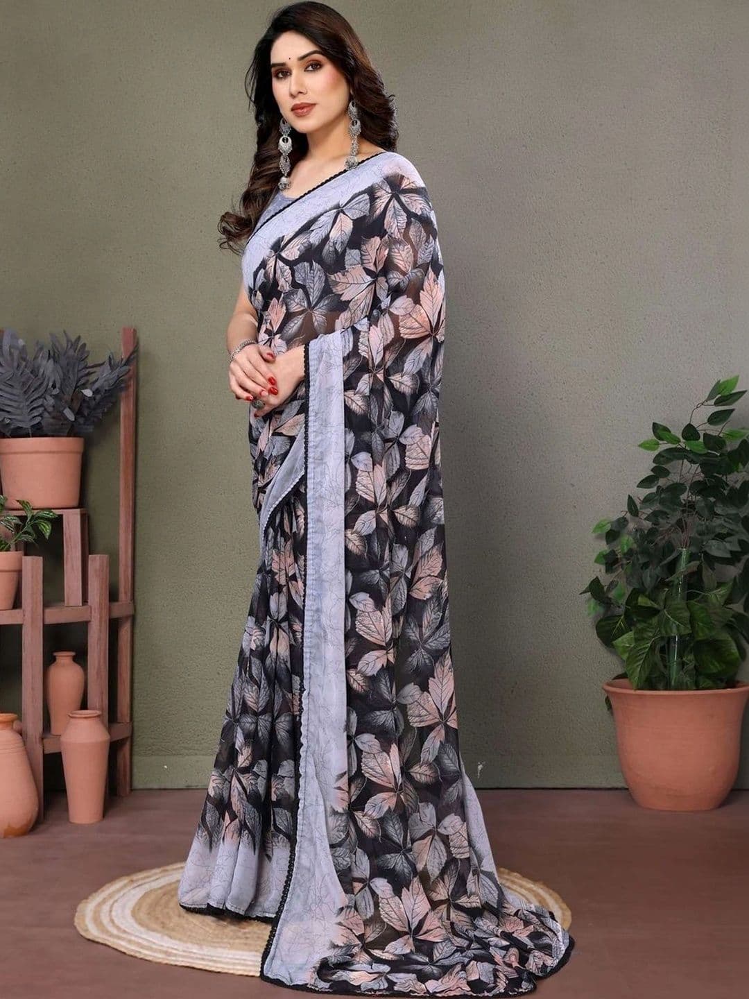 alkaa fashion Floral Linen Blend Saree - view 1