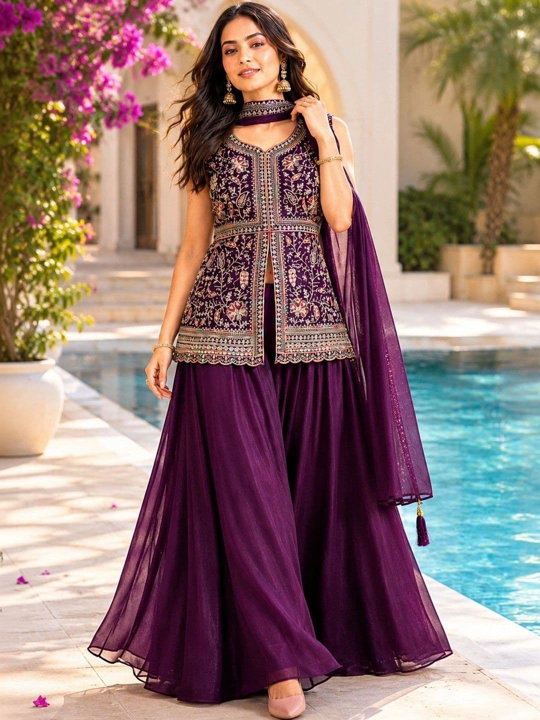 HERE&NOW Women Ethnic Motifs Embroidered Regular Thread Work Kurta with Sharara & With Dupatta - view 1