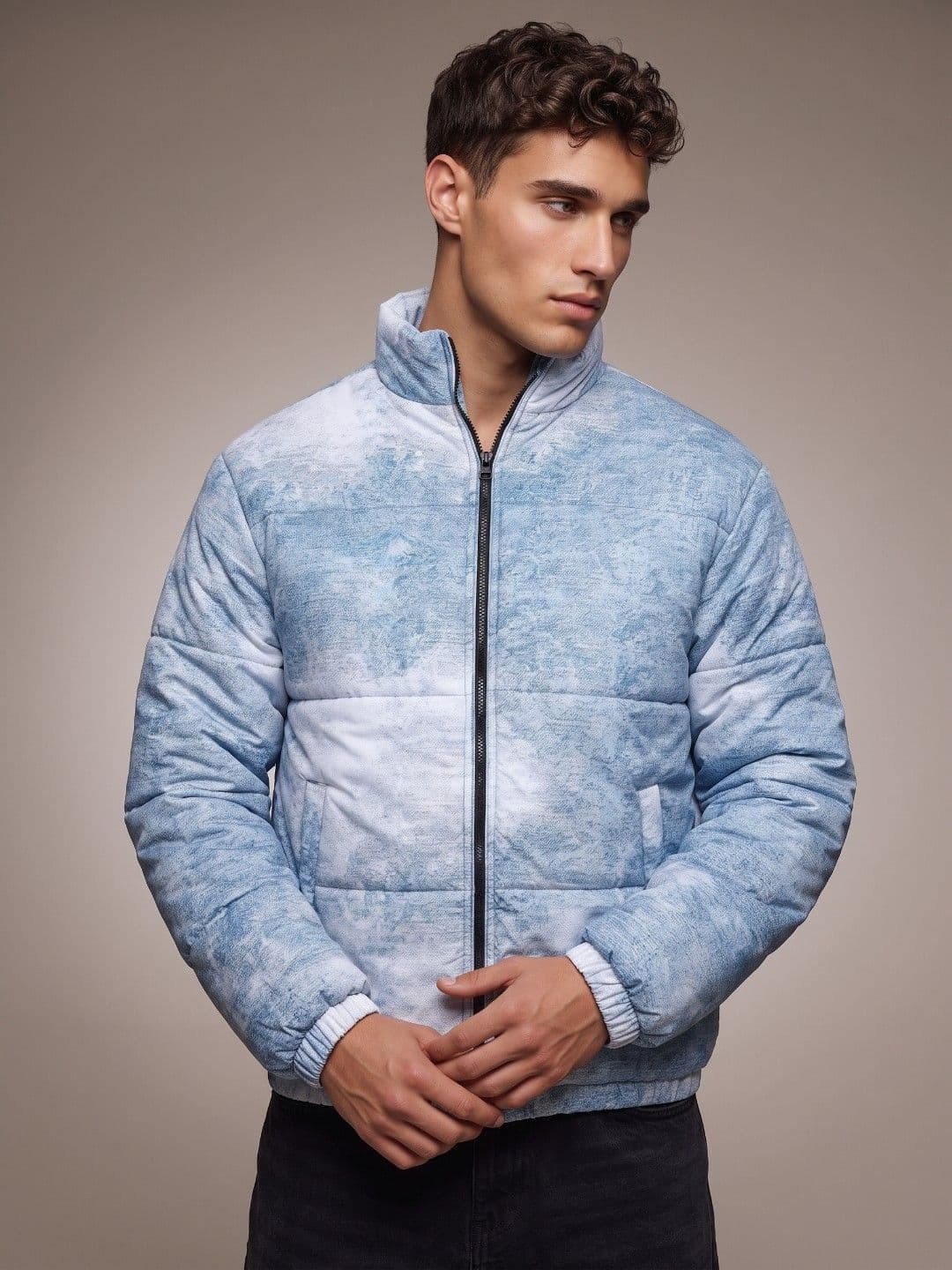 glitchez Stand Collar Abstract Printed Relaxed Fit Puffer Jacket - view 1