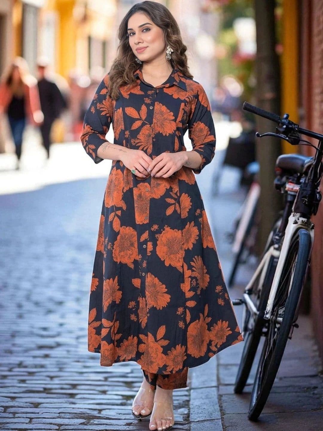 HERE&NOW Women Floral Printed Regular Pure Cotton Kurta with Trousers - view 1