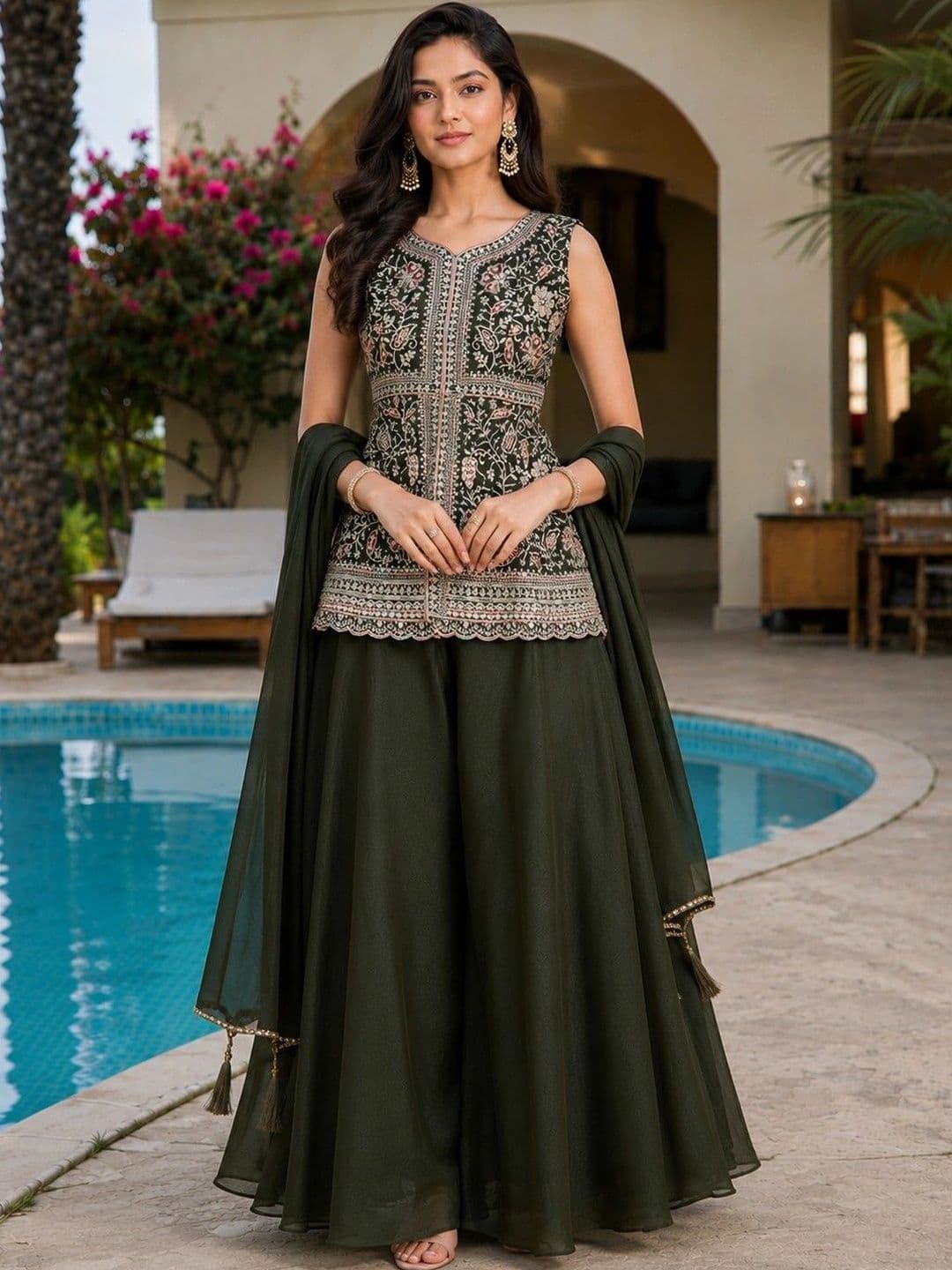 HERE&NOW Women Ethnic Motifs Embroidered Regular Thread Work Kurta with Sharara & With Dupatta - view 1