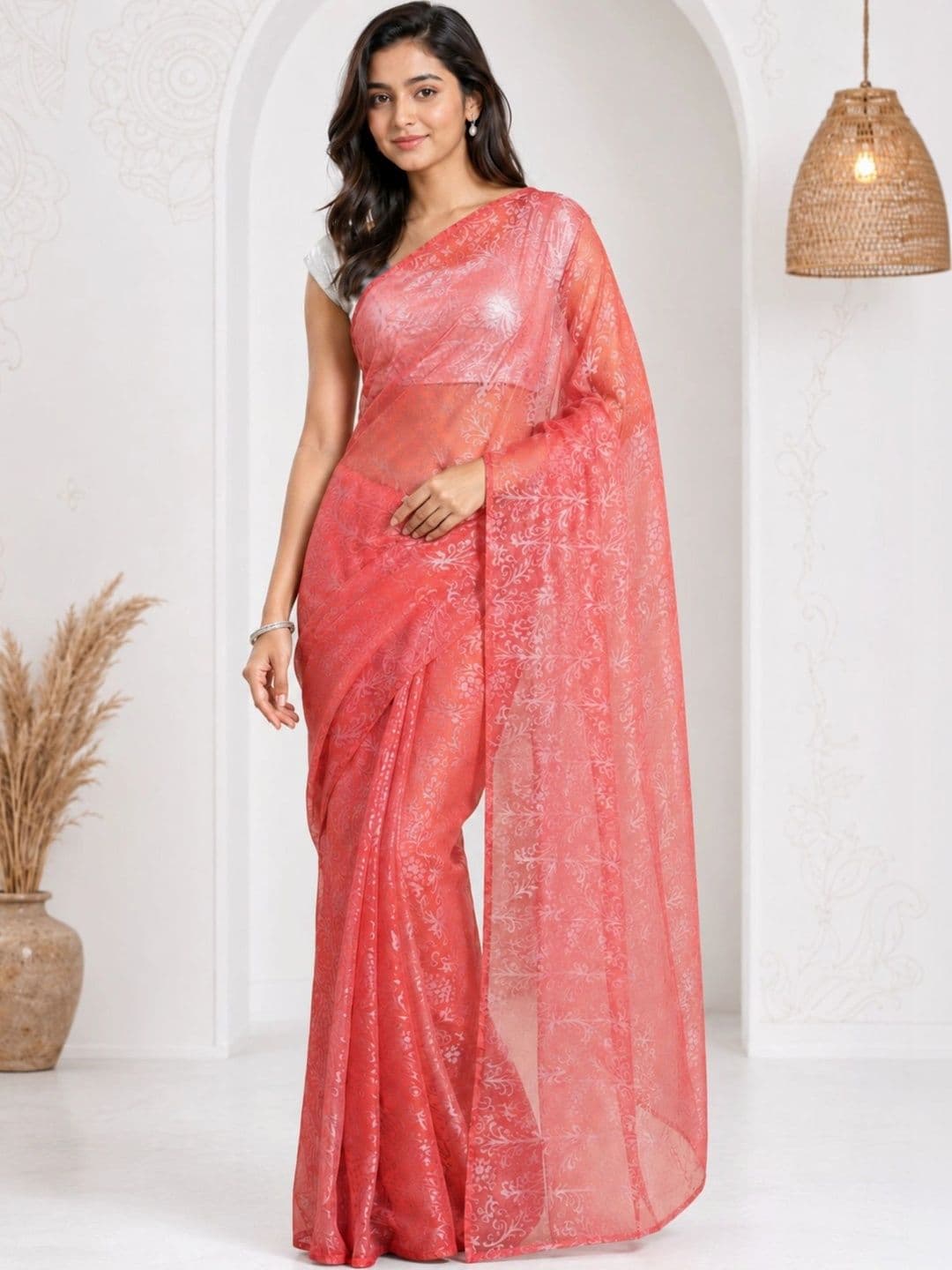 KALINI Women's Coral Pink Printed Organza Saree with Blouse Piece | Floral Pattern Semi-Sheer Saree | Festive & Party Wear - view 1