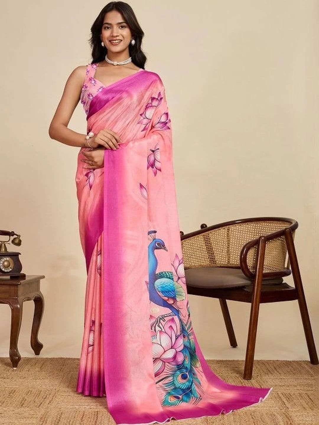 alkaa fashion Floral Linen Blend Saree - view 1