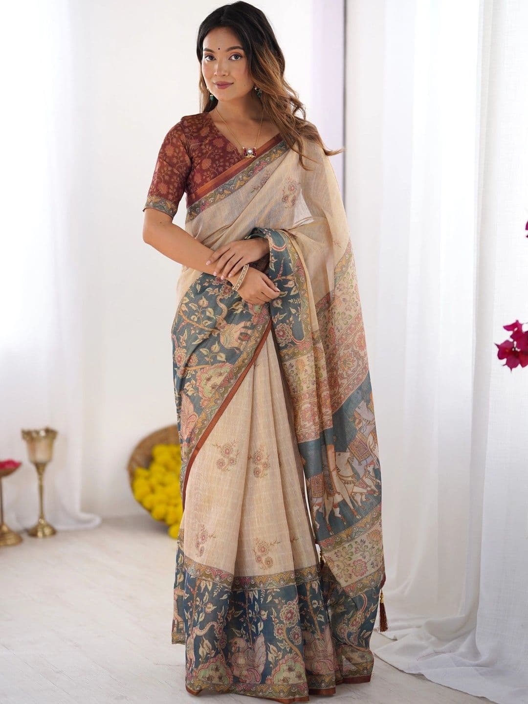 Mitera Kalamkari Linen Blend Designer Saree - view 1