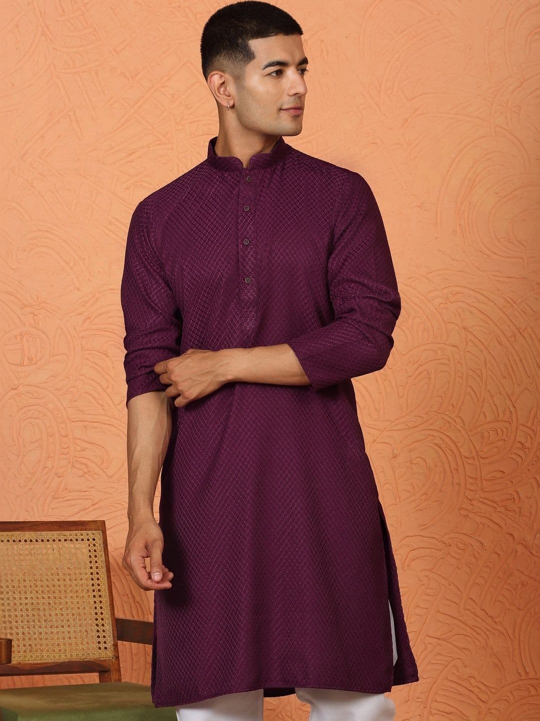 KRAFT INDIA Chikan Embroidered Cotton Rayon Purple Kurta - view 1